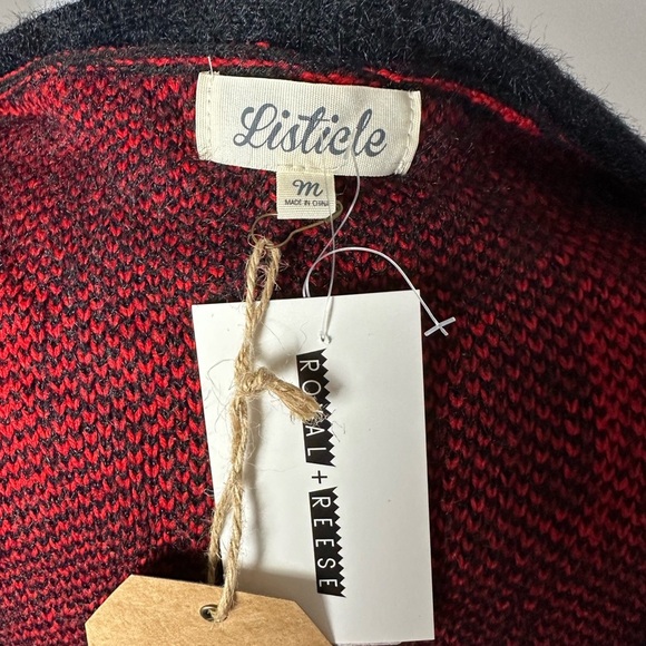 Boutique x Royal & Reese Cardigan Sweater Buffalo Check Plaid Red& Black Medium - Picture 4 of 10